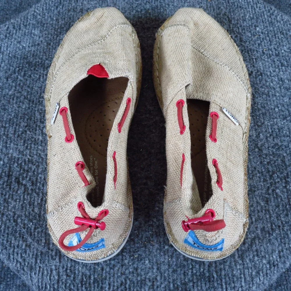 TOMS Bimini Women's Slip On Boat Shoes Size 6.5 Casual Summer Beige Burlap Red‎